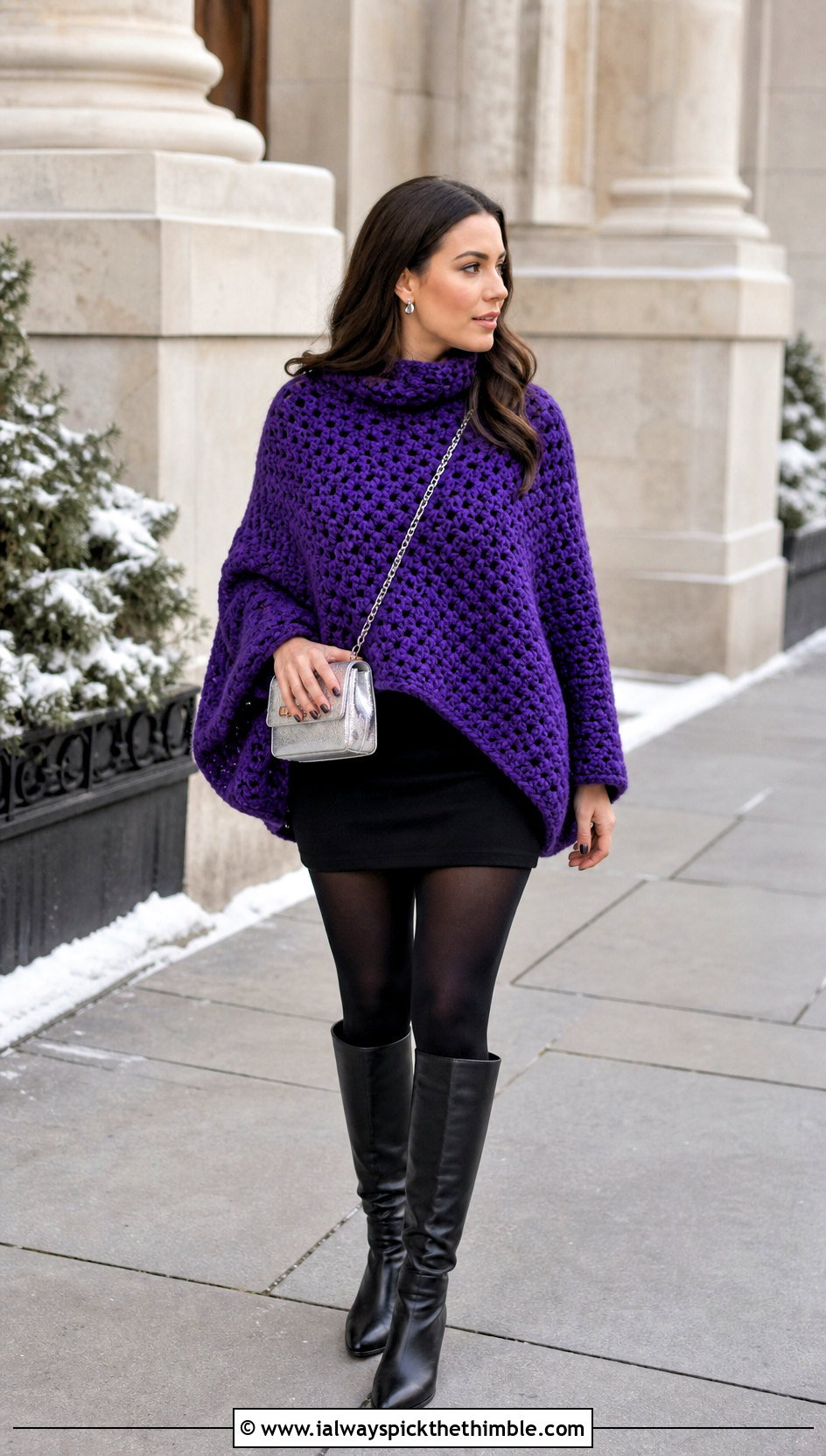 Chunky Oversized Crochet Poncho With Mini Skirt And Boots - 20 crochet poncho for women outfit ideas