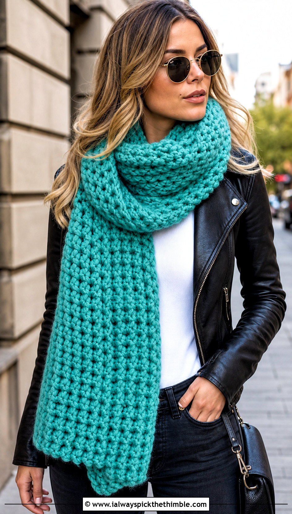 Chunky Oversized Crochet Scarf With Leather Jacket - 20 crochet scarf design ideas