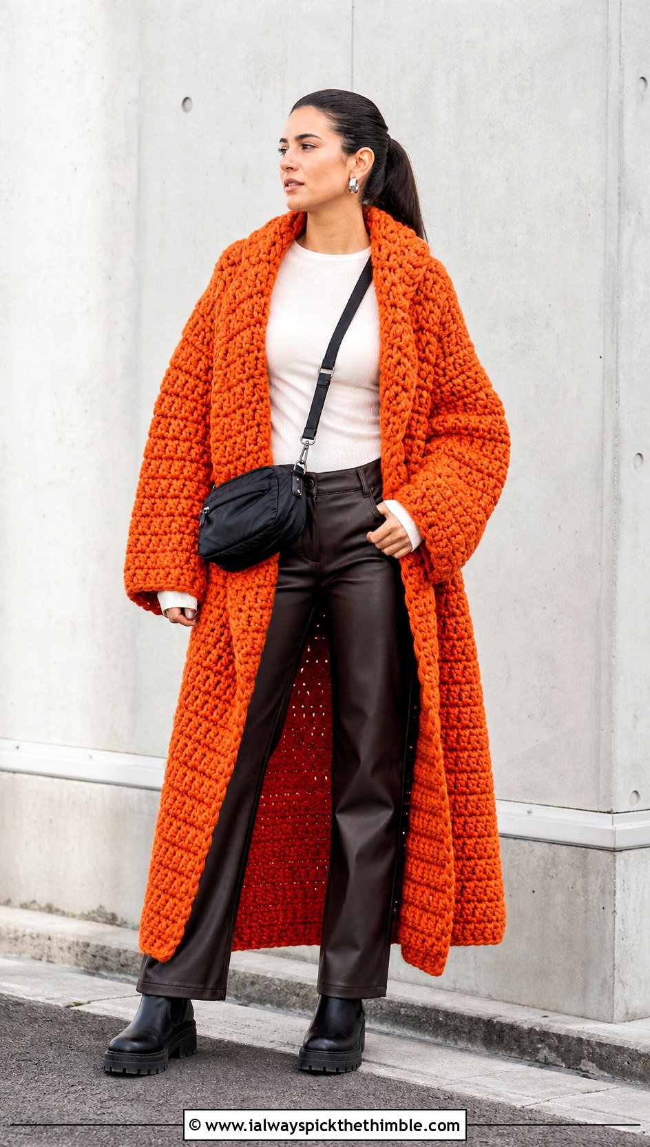 Chunky Oversized Crochet Winter Coat With Leather Pants - 20 Crochet Winter Coat outfit ideas