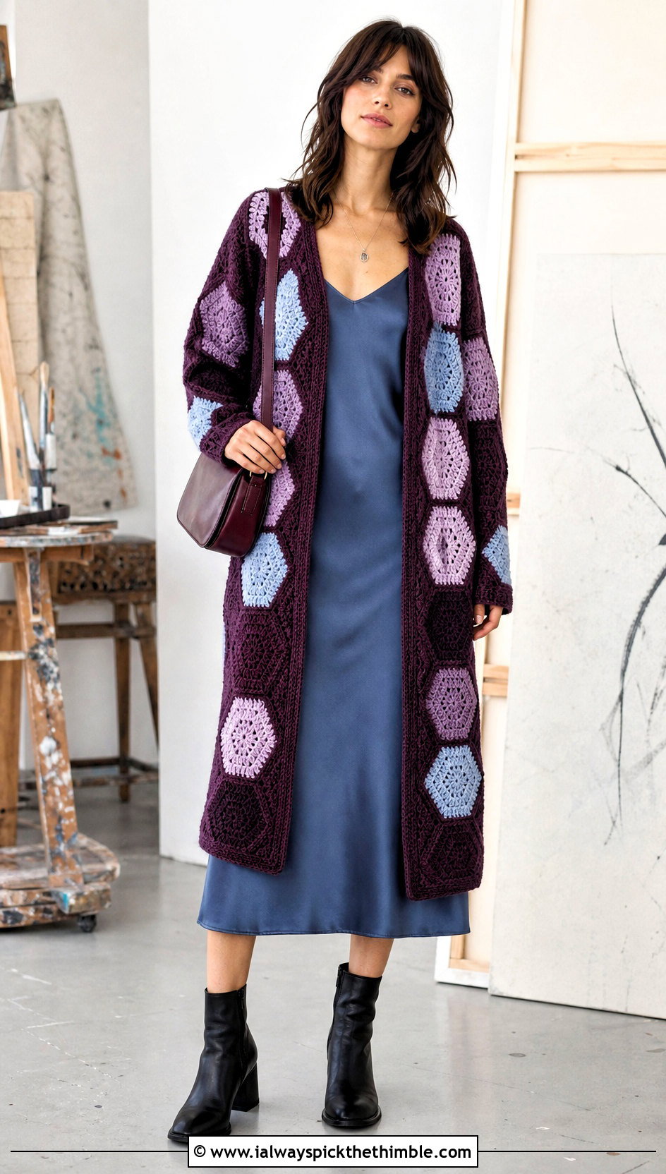 Chunky Patchwork Hexagon Cardigan With Slip Dress - 20 chunky crochet hexagon cardigan outfit ideas