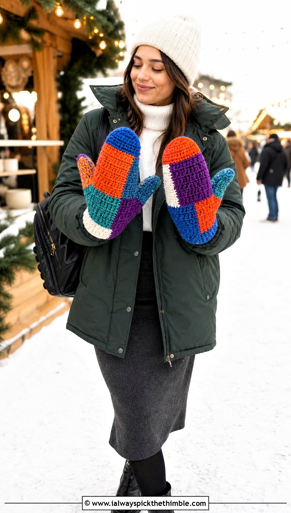 Chunky Patchwork Mittens With Parka And Midi Skirt - 20 Chunky Crochet Gloves outfit ideas