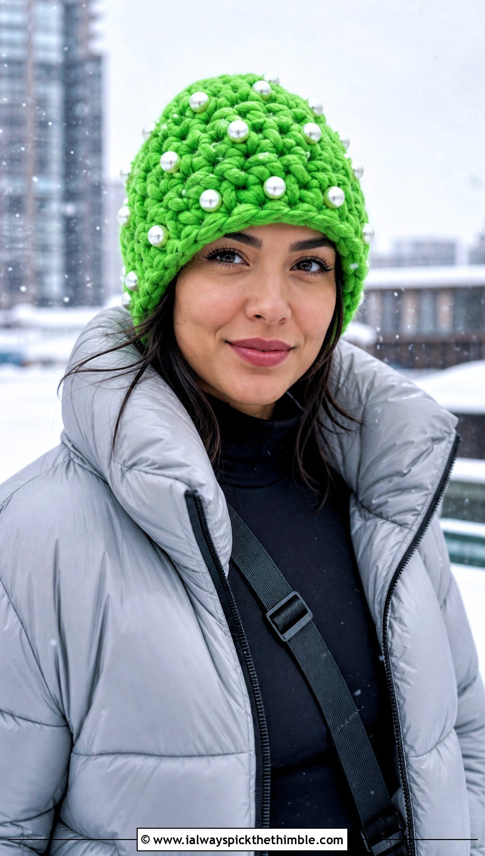 Chunky Pearl Crochet Beanie With Puffer Jacket - 15 Pearl Crochet Beanie outfit ideas