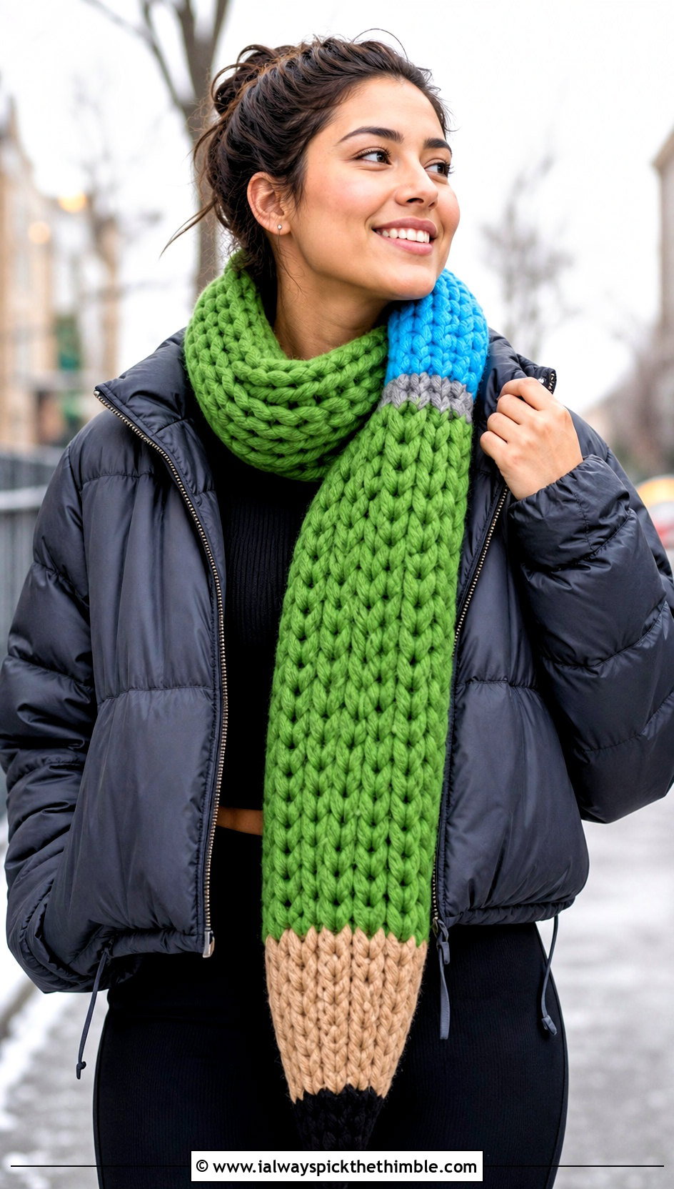 Chunky Pencil Crochet Scarf With Puffer Jacket - 20 Pencil Crochet Scarf outfit ideas