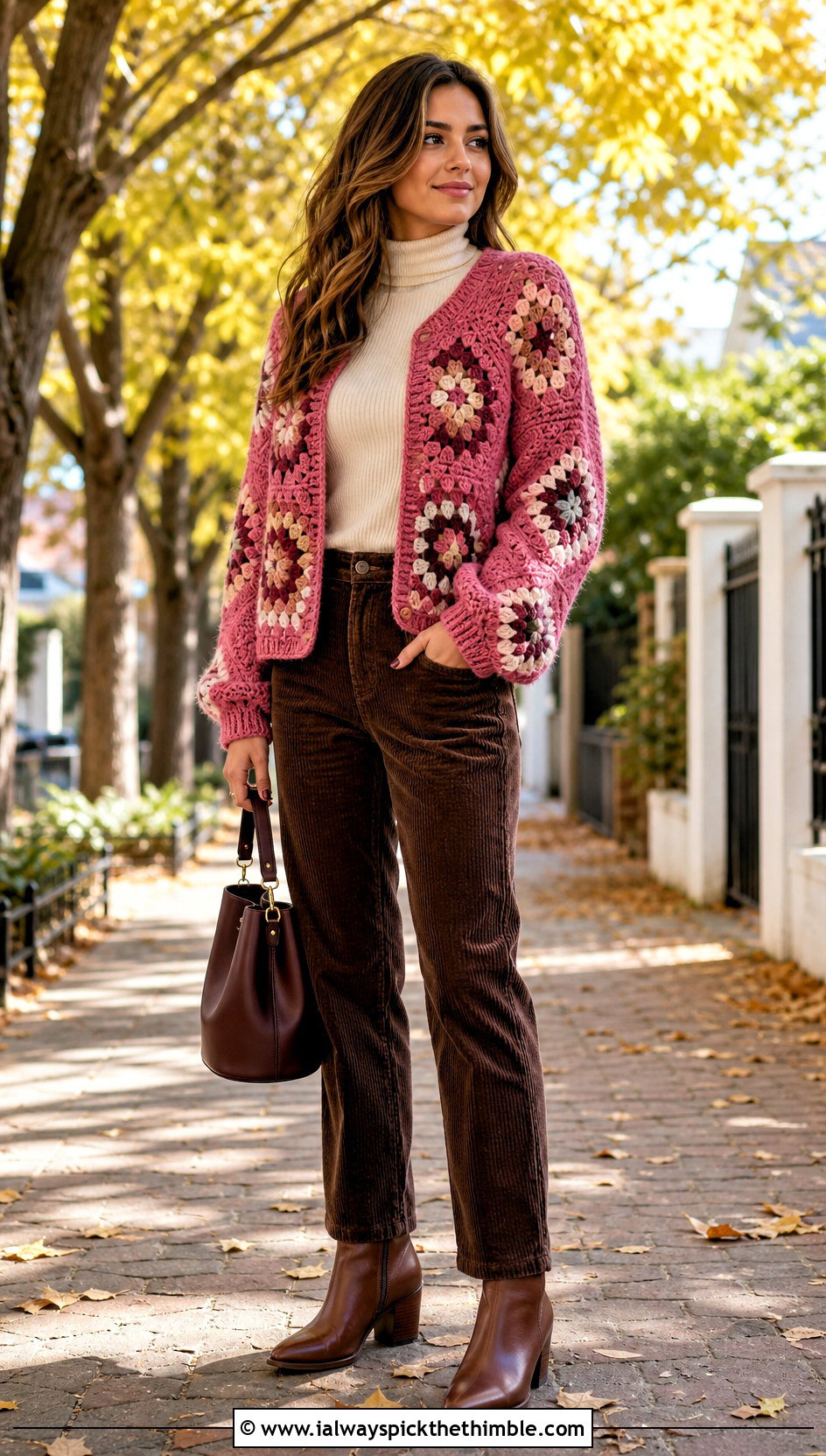 Chunky Pentagon Granny Square Cardigan With Corduroy Pants - 20 Pentagon Granny Square Cardigan outfit ideas