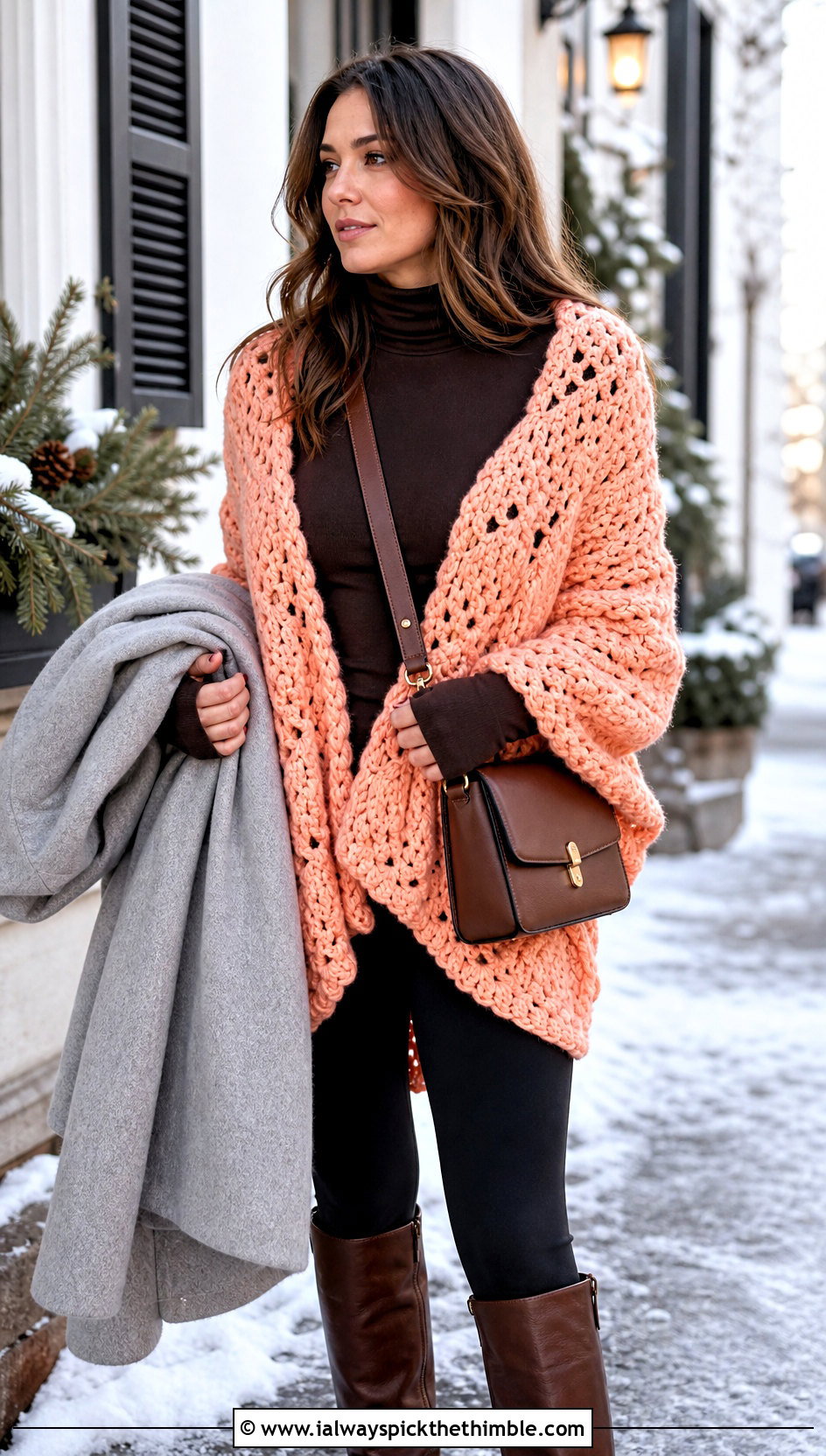Chunky Pineapple Crochet Shawl With Sweater And Leggings - 20 pineapple crochet shawl outfit ideas