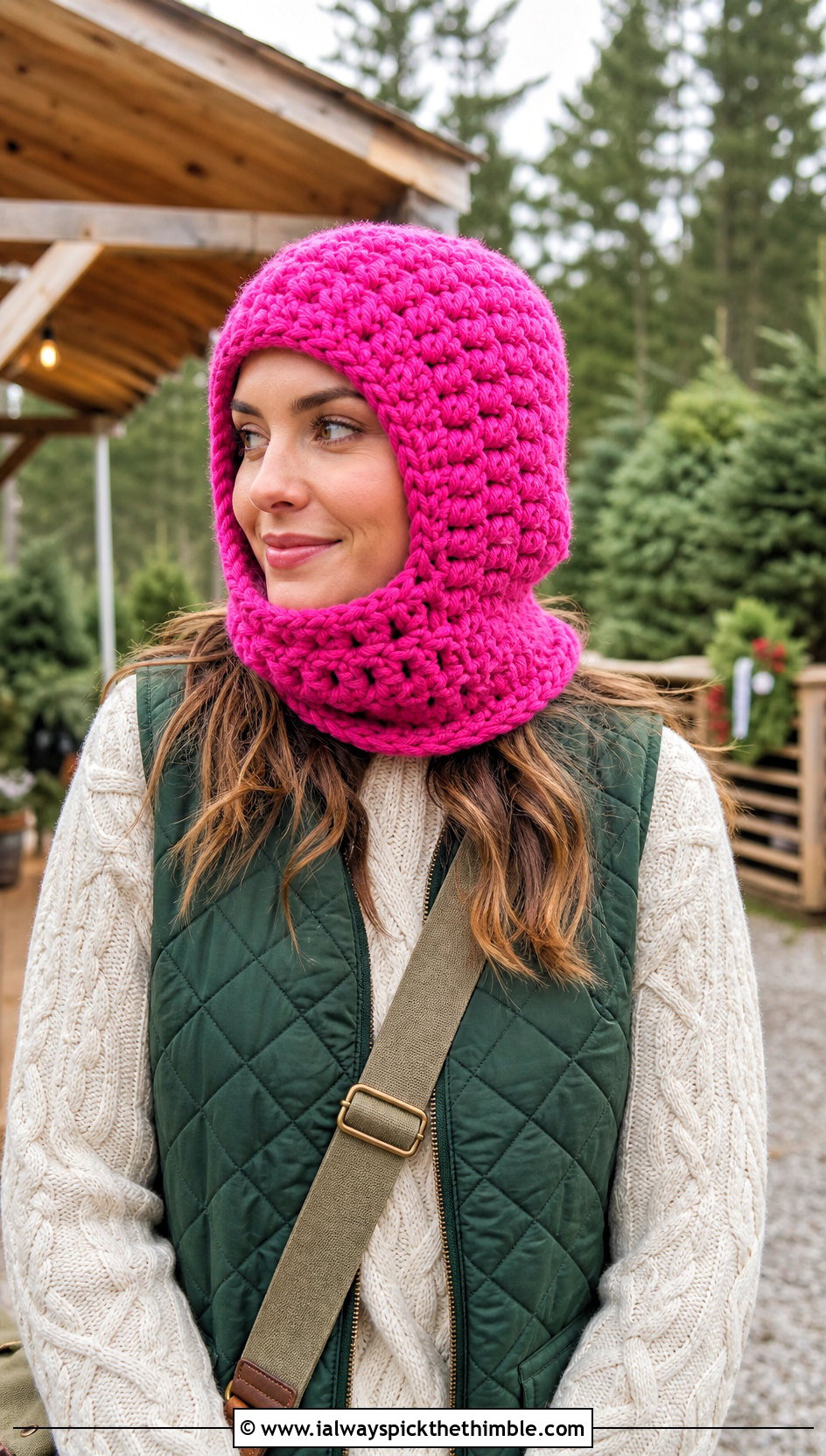 Chunky Pink Crochet Balaclava With Quilted Vest - 20 Pink Crochet Balaclava outfit ideas
