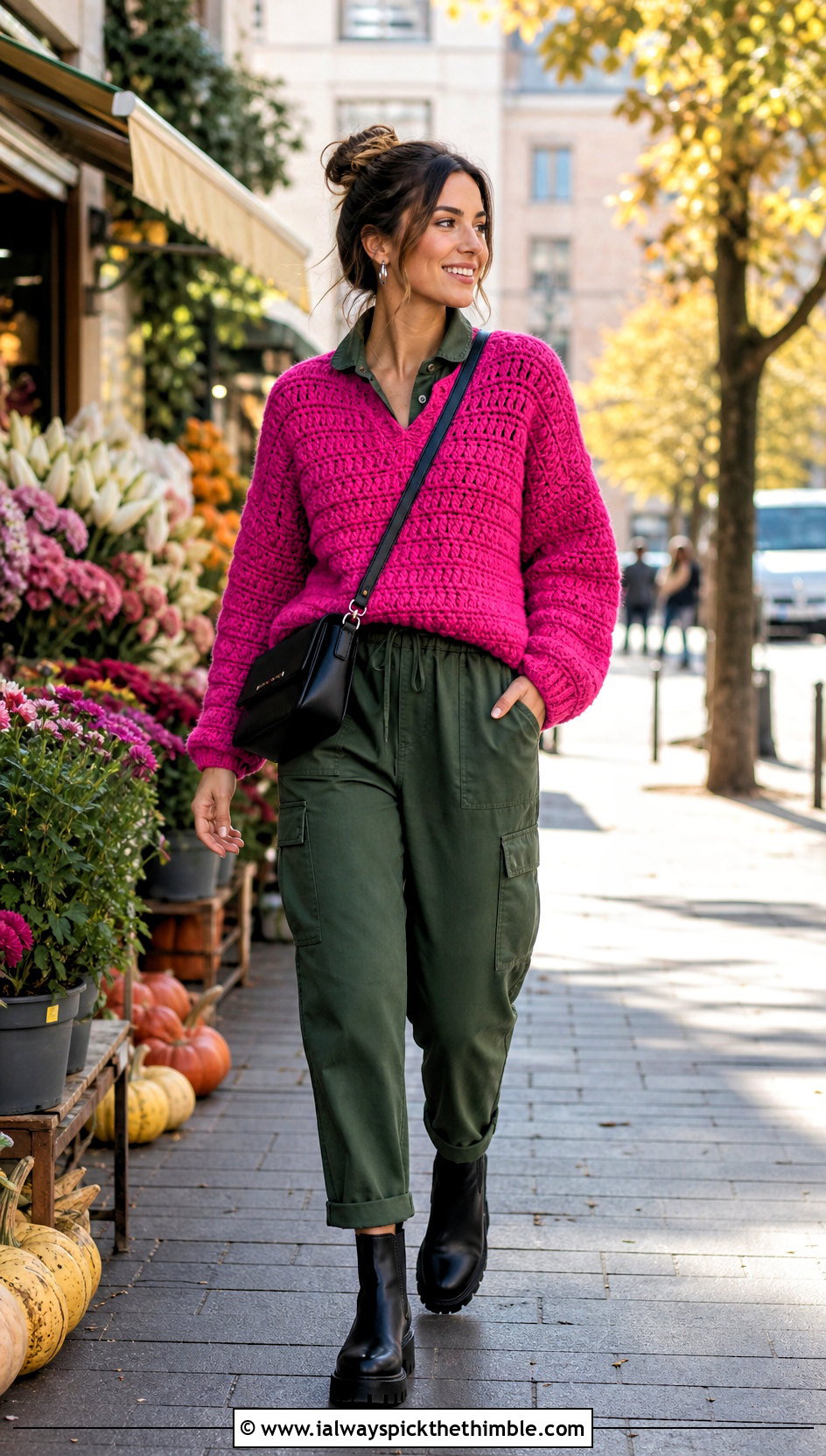 Chunky Pink Crochet Sweater With Utility Jumpsuit - 25 pink crochet sweater outfit ideas