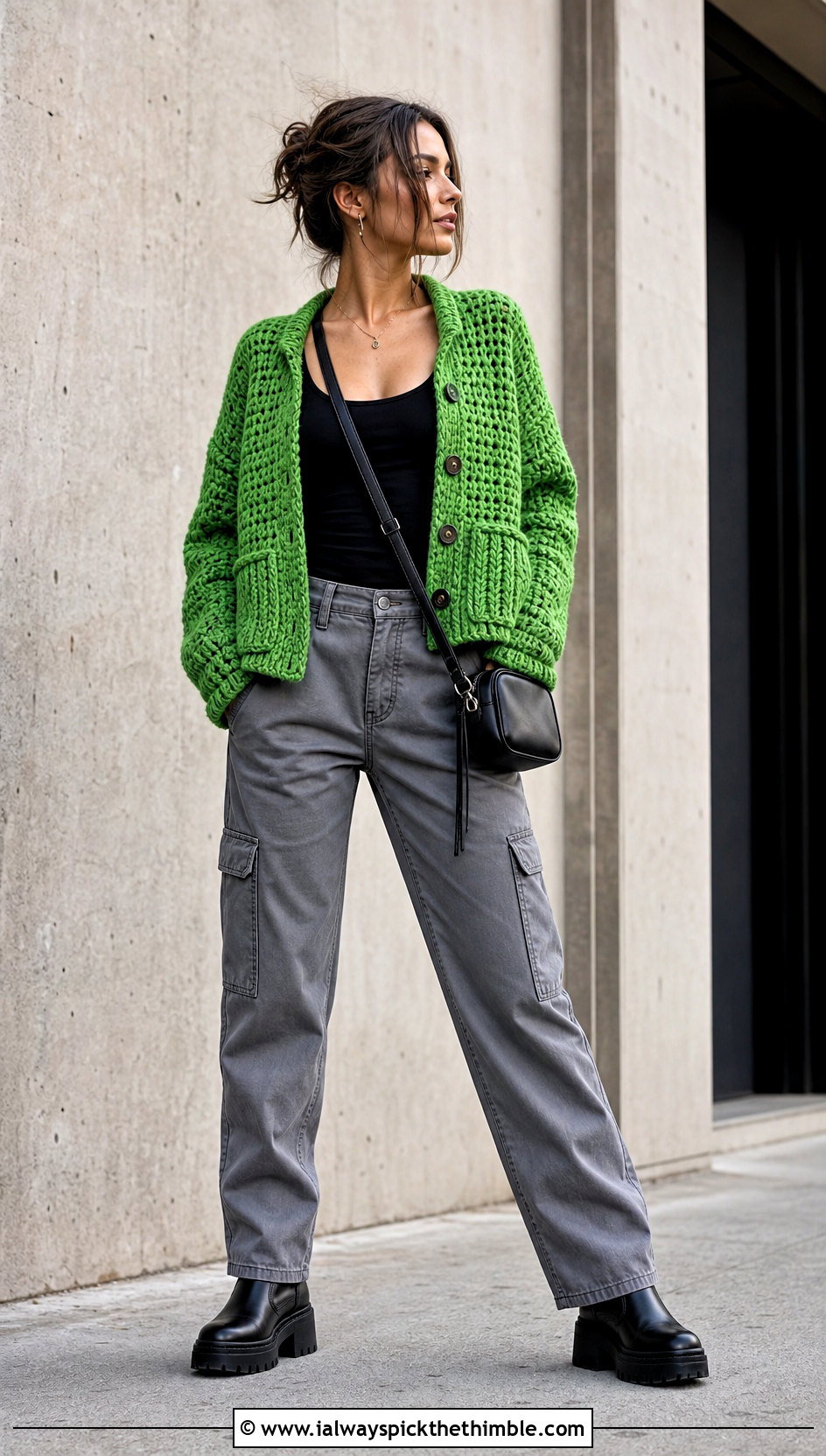 Chunky Pocket Crochet Button Down Cardigan With Cargo Pants - 20 crochet button down cardigan outfit ideas