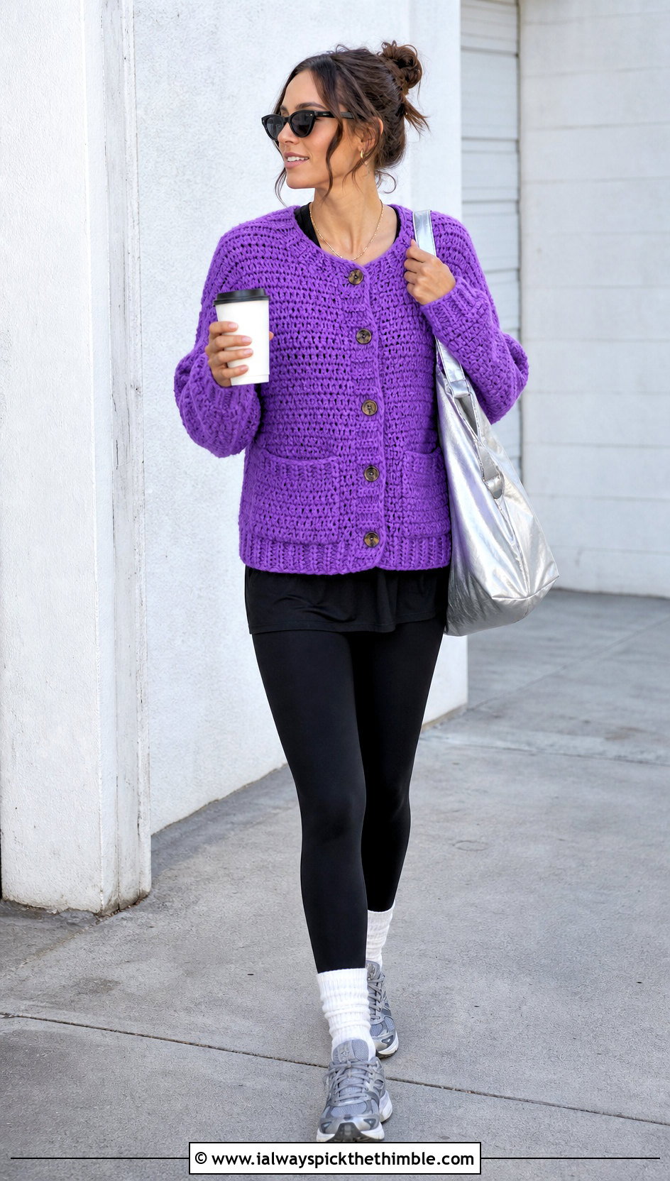 Chunky Pocket Crochet Button Sweater With Leggings - 20 Crochet Button Sweater outfit ideas