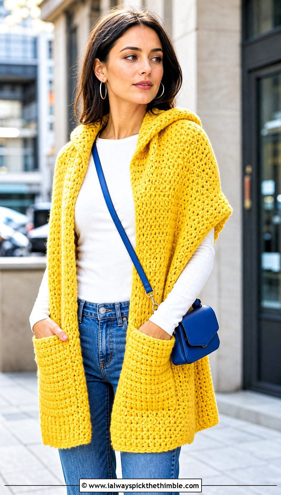 Chunky Pocket Crochet Hooded Shawl With Straight Leg Jeans - 25 crochet hooded shawl outfit ideas