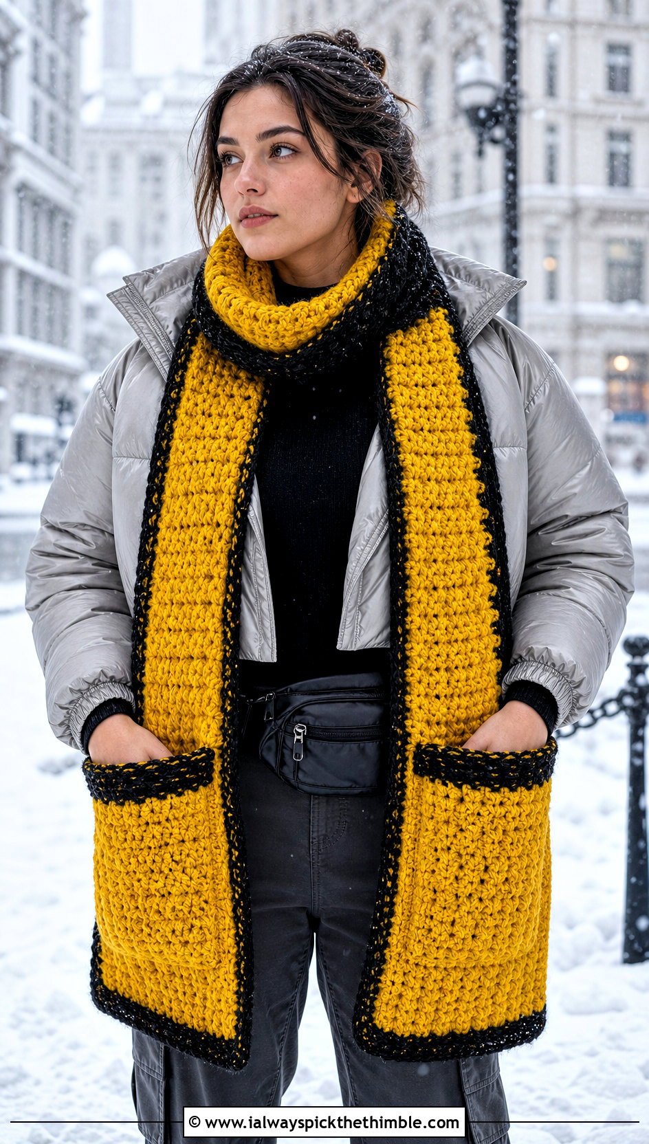 Chunky Pocket Crochet Hufflepuff Scarf With Puffer Jacket - 20 crochet hufflepuff scarf outfit ideas