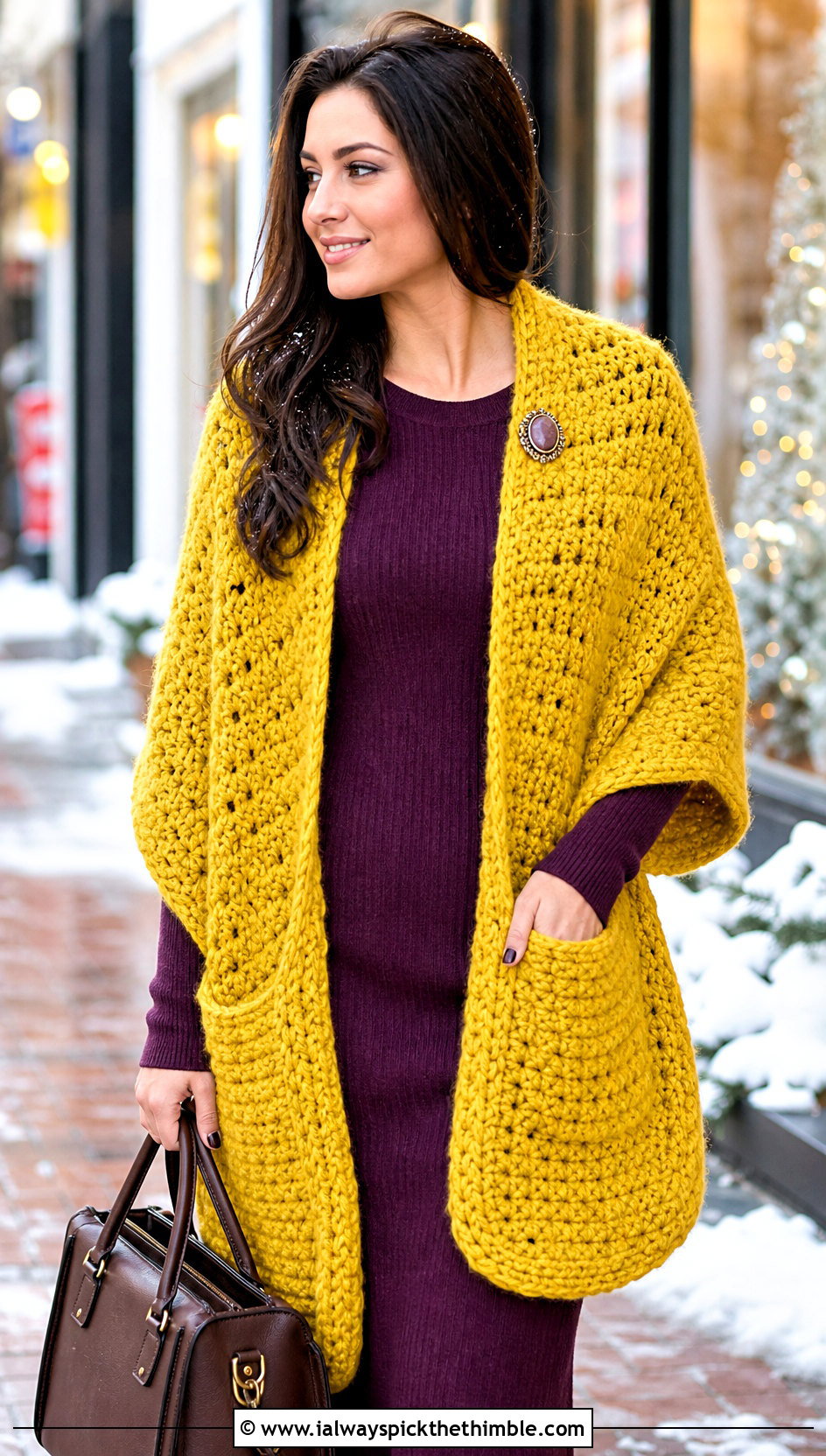 Chunky Pocket Crochet Shawl With Sweater Dress - 15 Pocket Crochet Shawl outfit ideas