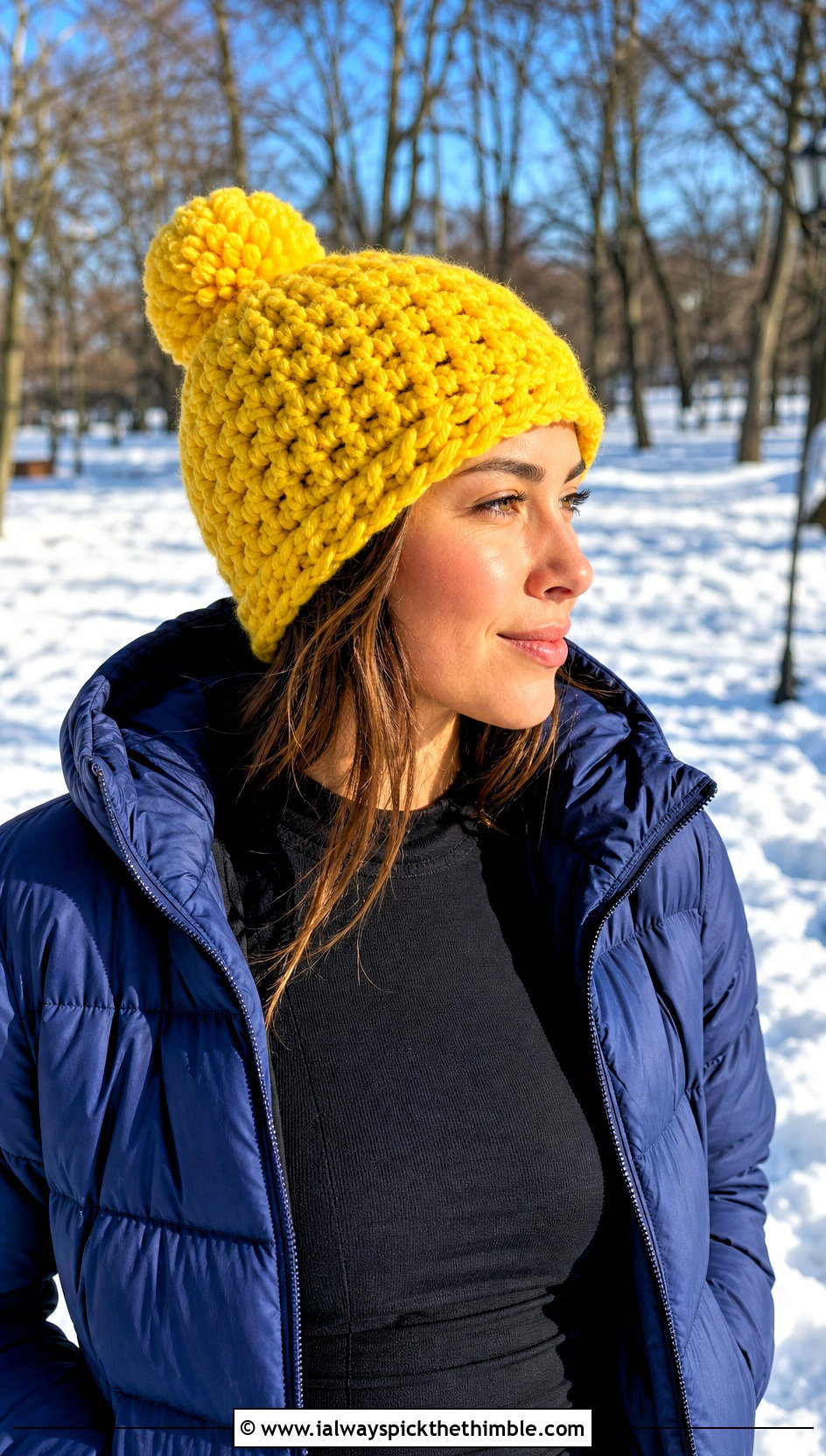 Chunky Pom Pom Beanie With Puffer Jacket - 20 chunky yarn crochet beanie outfit ideas