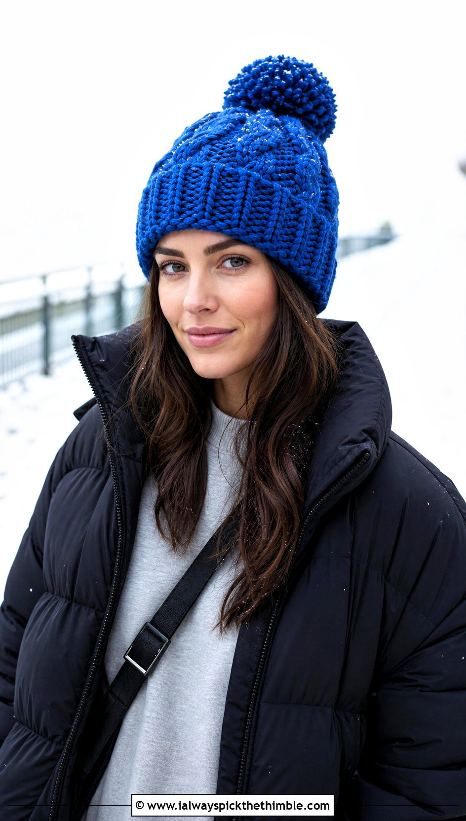 Chunky Pom Pom Cable Crochet Beanie With Puffer Coat - 15 cabled crochet beanie design outfit ideas