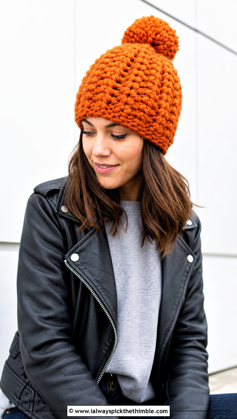Chunky Pom Pom Crochet Beanie With Leather Jacket - 25 chunky crochet beanie outfit ideas