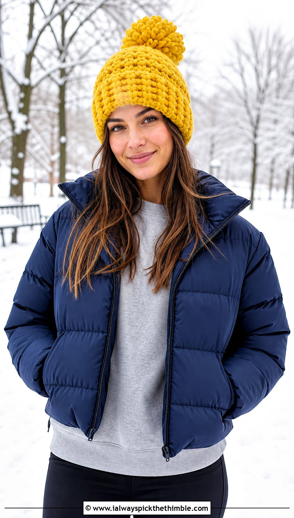Chunky Pom Pom Crochet Beanie With Puffer Jacket And Leggings - 15 Easy Crochet Beanies For Beginners outfit ideas