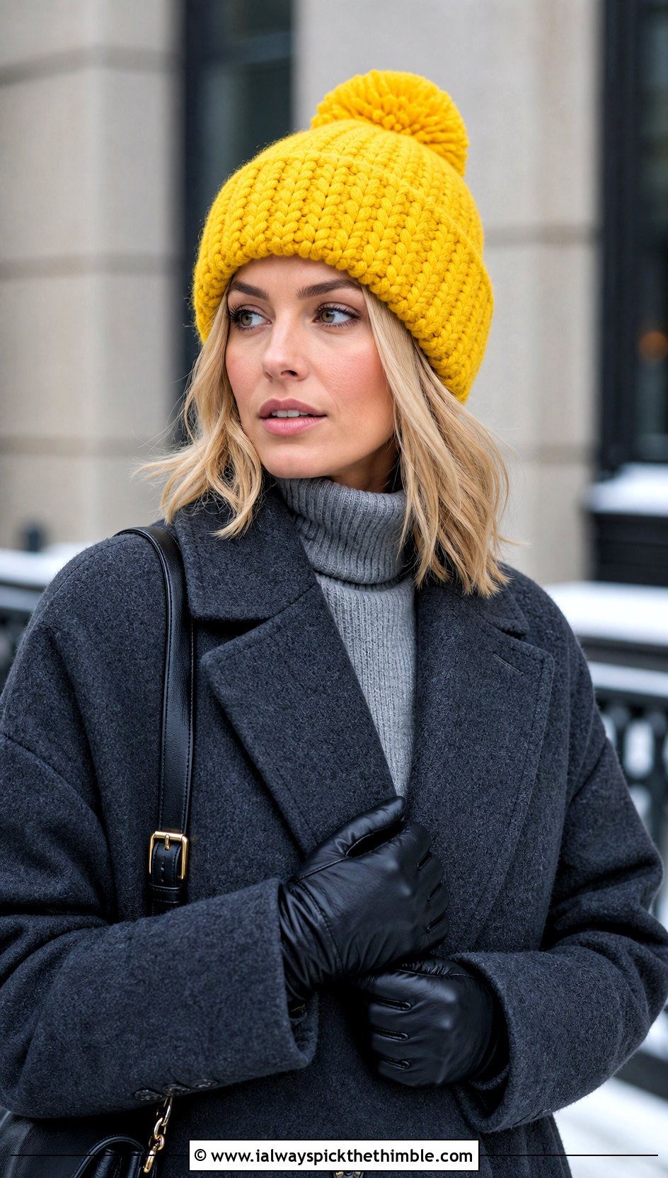 Chunky Pom Pom Crochet Beanie With Wool Coat - 15 diy crochet winter hat outfit ideas