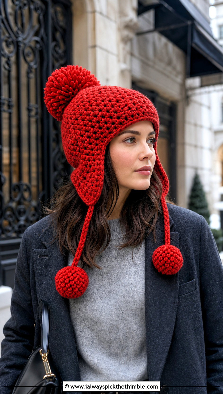 Chunky Pom Pom Crochet Ear Flap Beanie With Tailored Coat - 20 crochet ear flap beanie outfit ideas