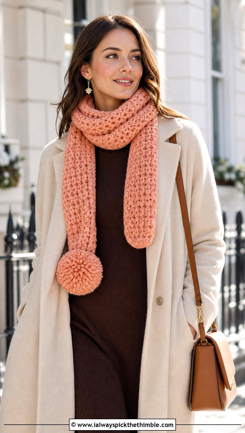 Chunky Pom Pom Crochet Scarf With Sweater Dress - 15 Crochet Scarves Chunky Yarn outfit ideas