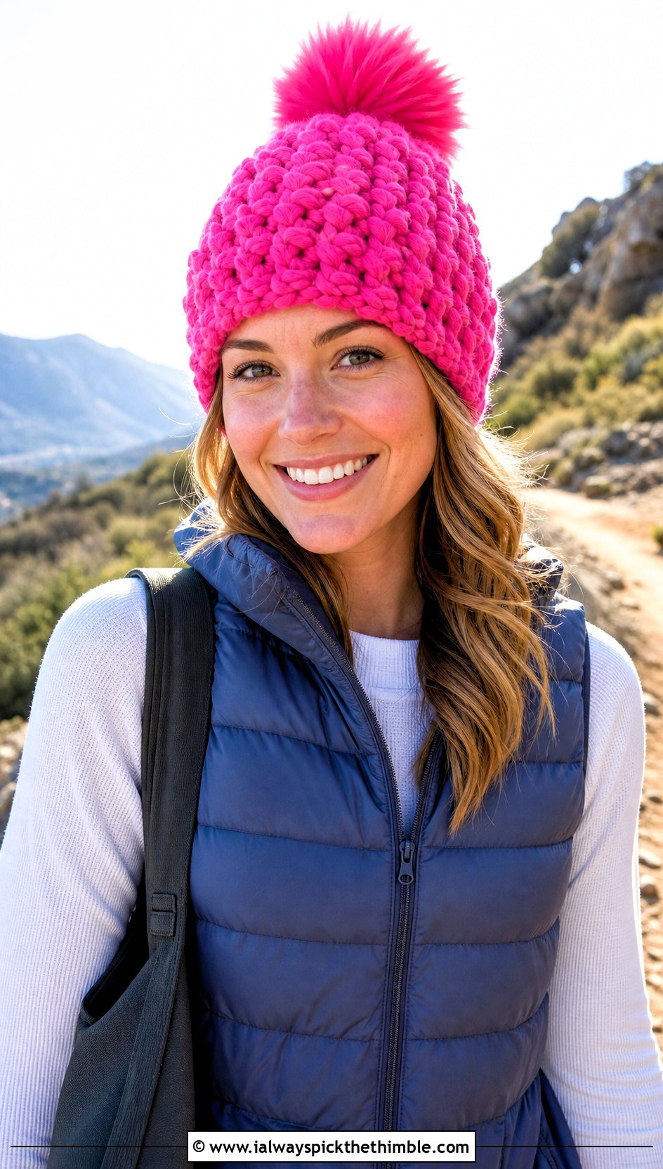 Chunky Pom Pom Crochet Stocking Cap With Puffer Vest - 20 crochet stocking cap outfit ideas