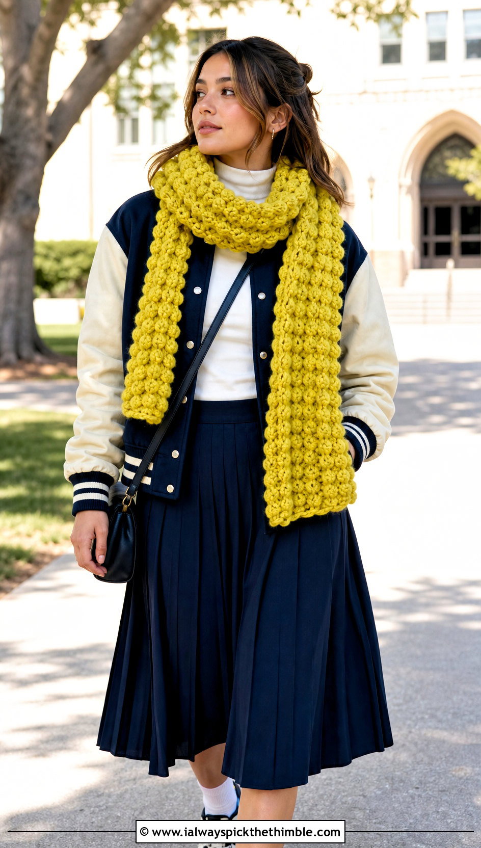 Chunky Popcorn Crochet Scarf With Varsity Jacket - 20 Popcorn Crochet Scarf outfit ideas