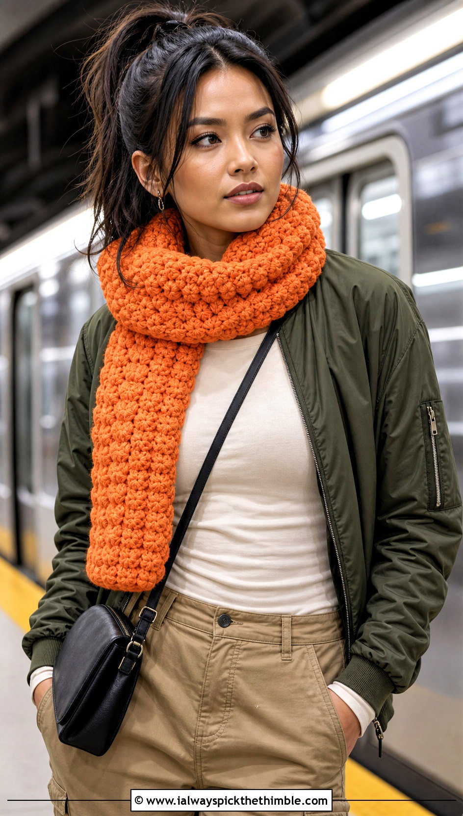Chunky Puff Stitch Crochet Scarf With Bomber Jacket - 20 Chunky Yarn Crochet Scarf outfit ideas