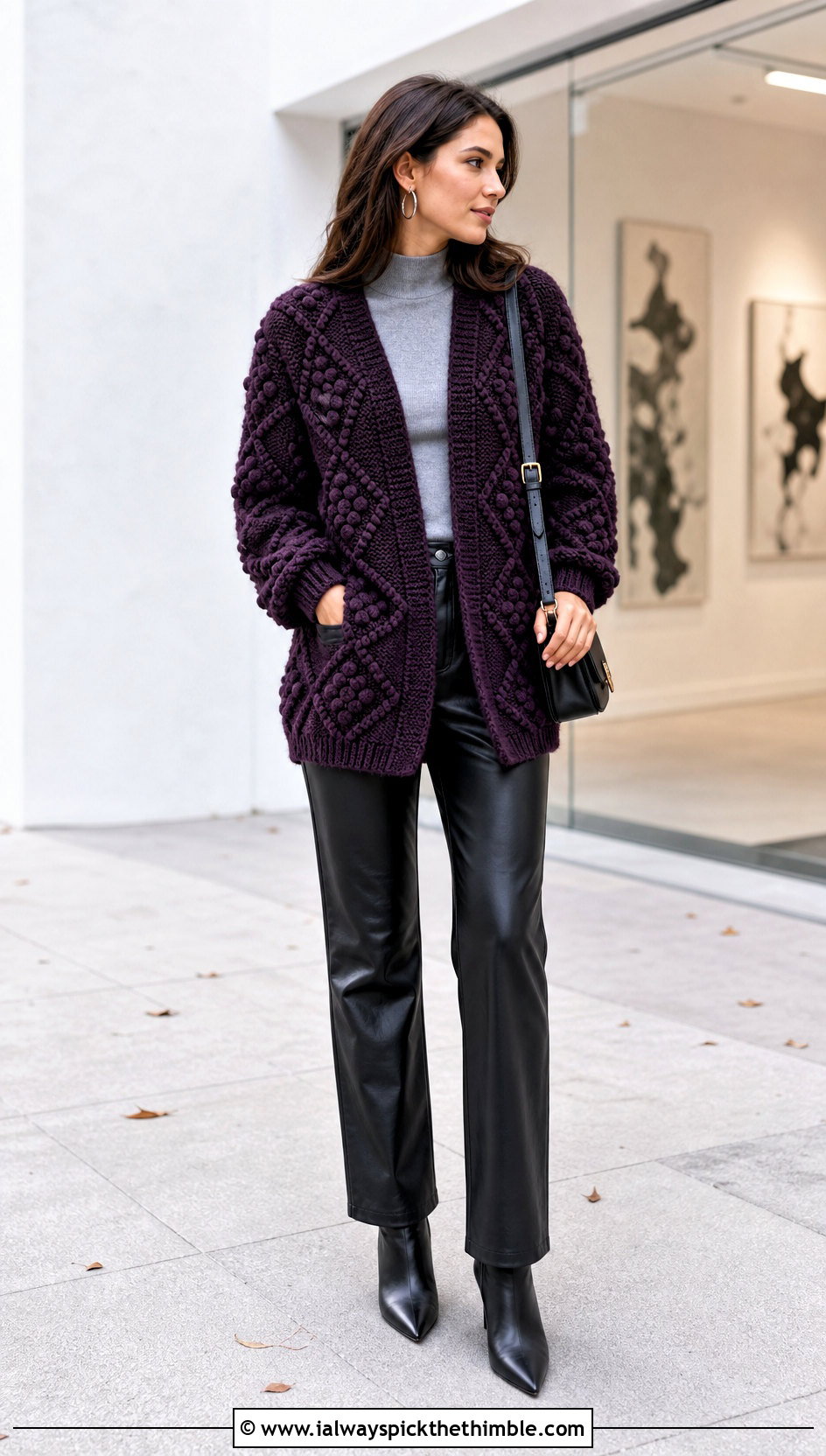 Chunky Puff Stitch Diamond Crochet Cardigan With Leather Pants - 20 diamond crochet cardigan outfit ideas