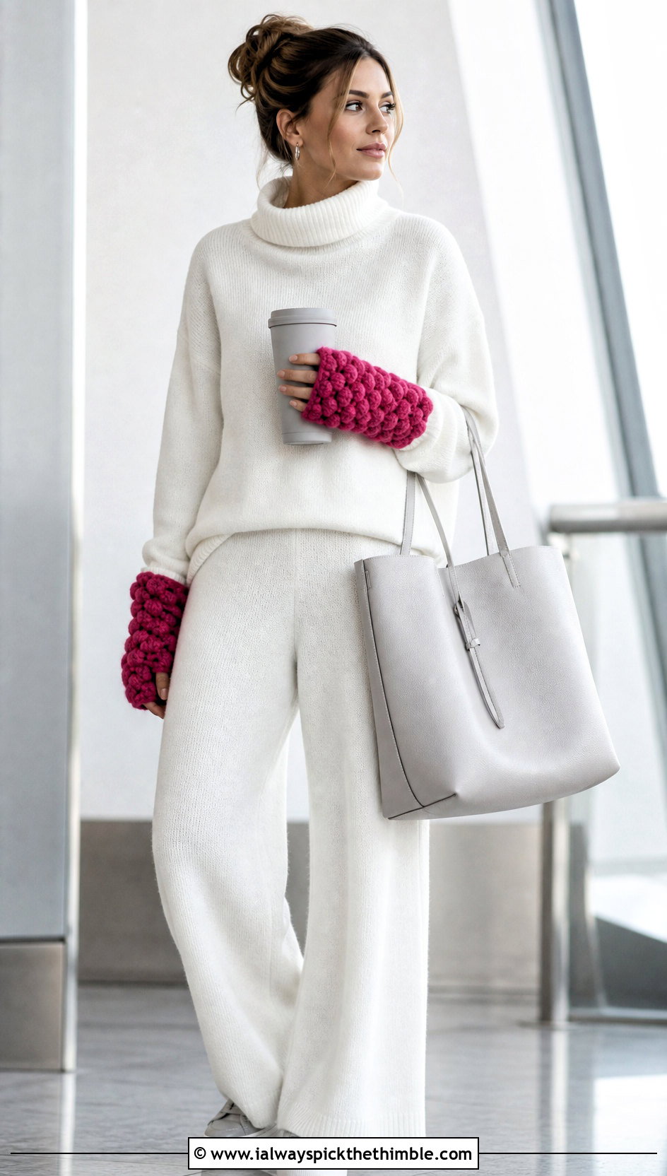 Chunky Puff Stitch Fingerless Gloves With Monochrome Knit Outfit - 15 Crochet Puff Stitch Fingerless Gloves outfit ideas