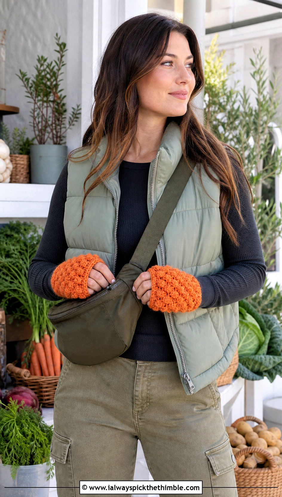 Chunky Puff Stitch Hand Warmers With Puffer Vest - 25 crochet hand warmers outfit ideas