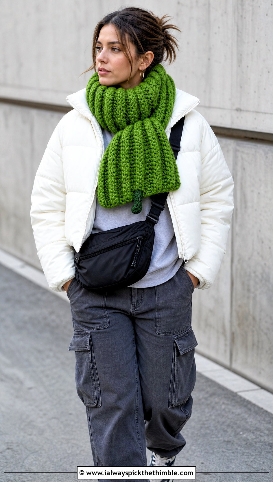 Chunky Pumpkin Ribbed Crochet Scarf With Puffer Jacket - 15 crochet pumpkin scarf outfit ideas