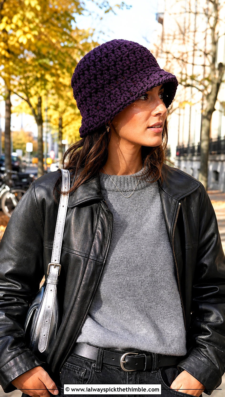 Chunky Purple Crochet Bucket Hat With Leather Jacket - 20 purple crochet bucket hat outfit ideas