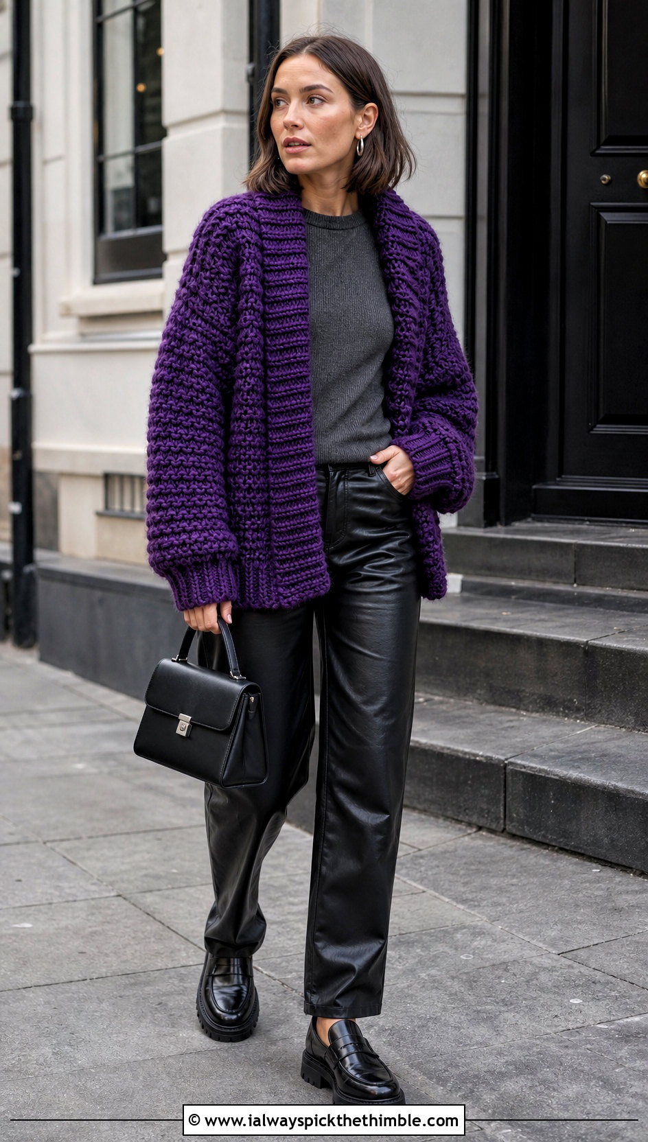 Chunky Purple Crochet Cardigan With Faux Leather Pants - 25 purple crochet cardigan outfit ideas