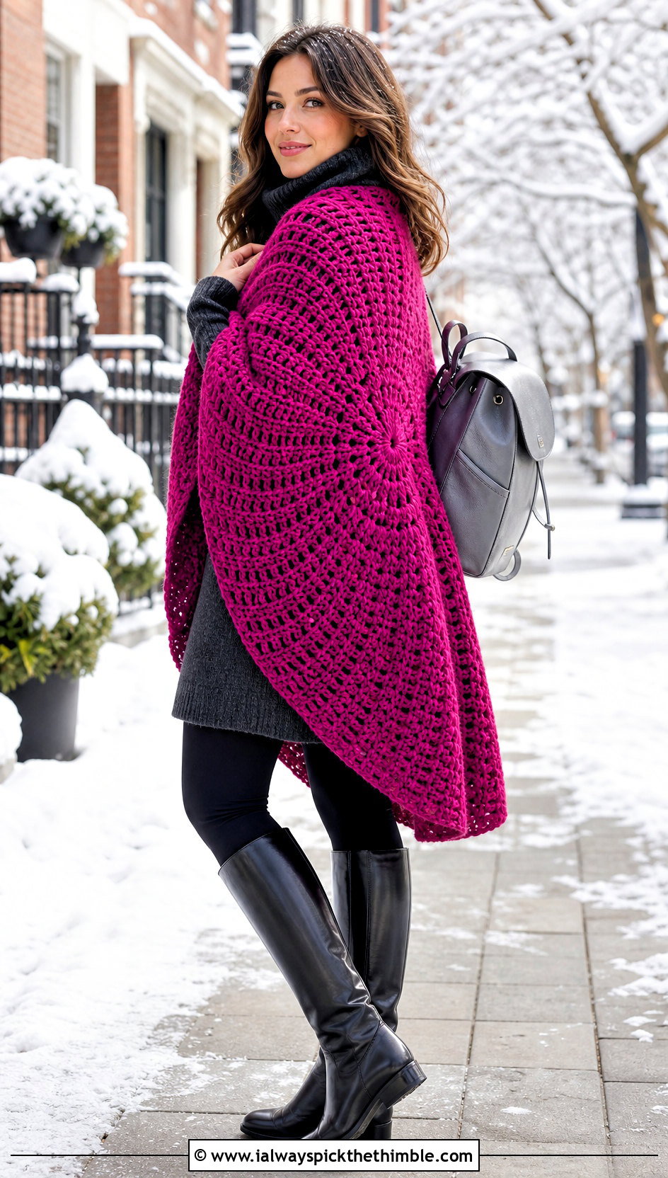 Chunky Radial Crochet Circular Shawl With Leggings - 20 crochet circular shawl outfit ideas