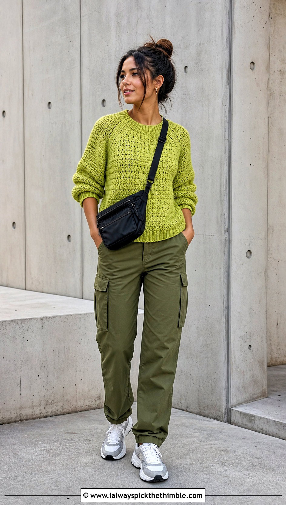 Chunky Raglan Crochet Sweater With Cargo Pants - 20 chunky yarn crochet sweater outfit ideas
