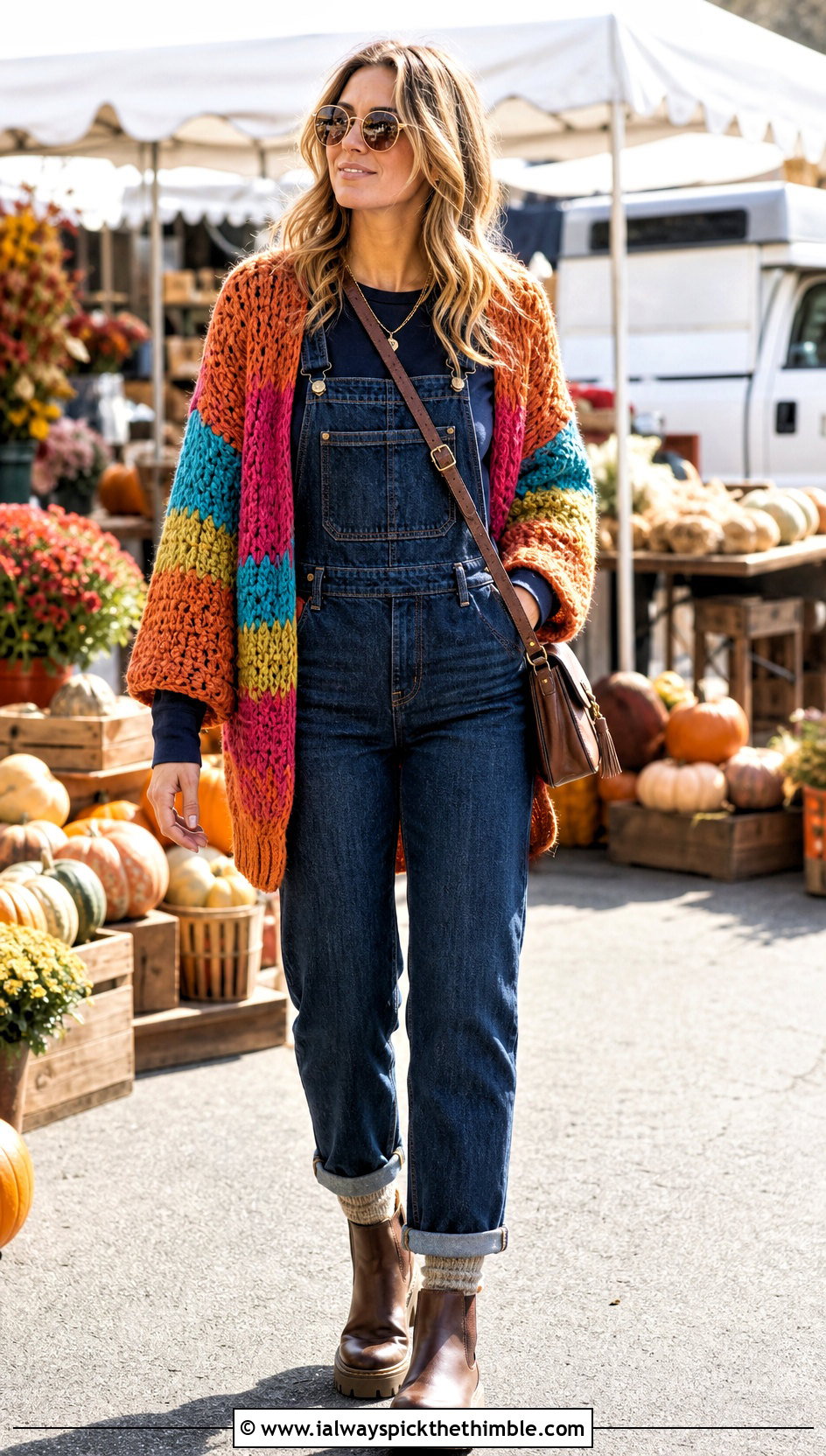 Chunky Rainbow Crochet Cardigan With Denim Overalls - 20 Rainbow Crochet Cardigan outfit ideas