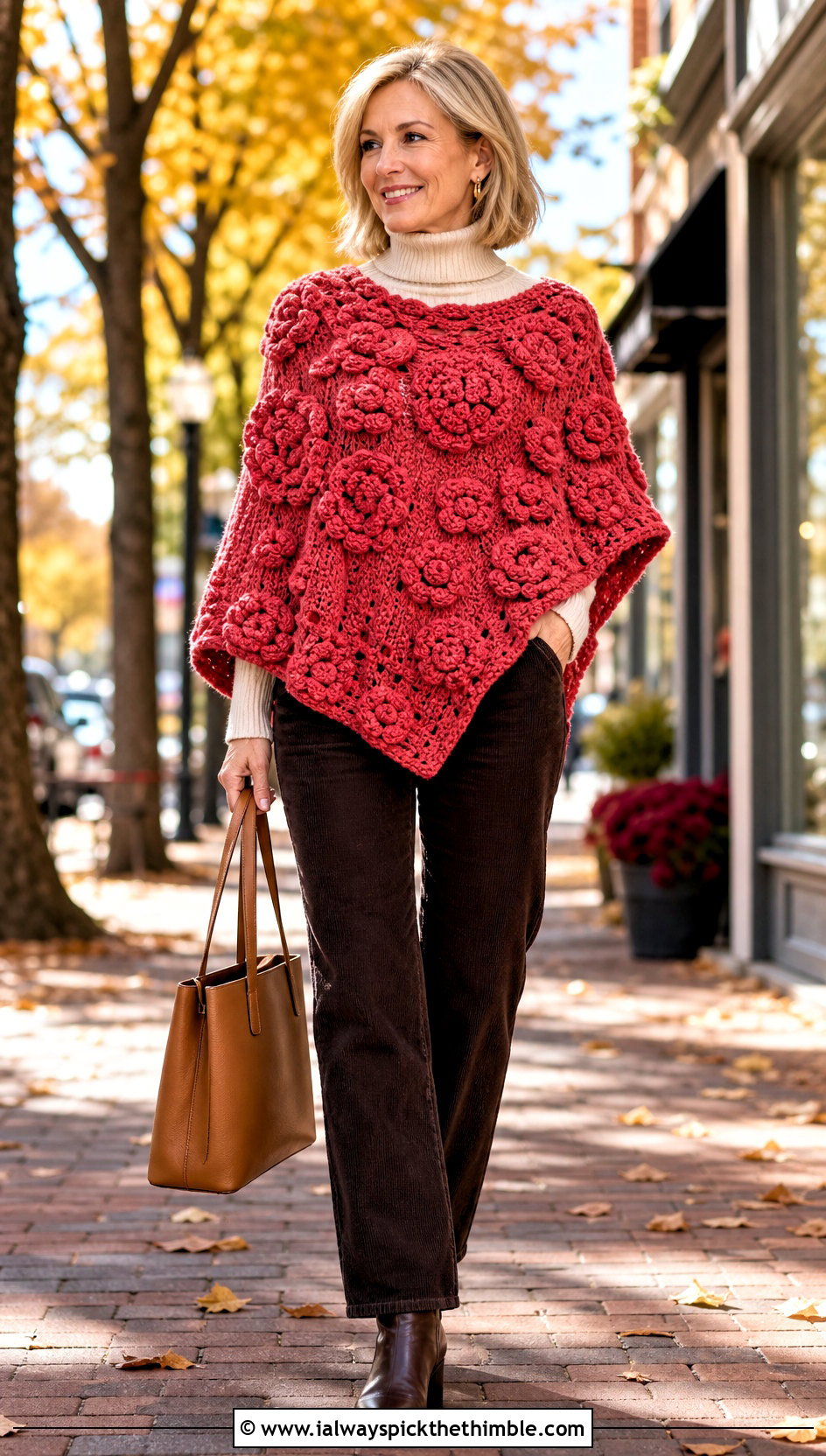Chunky Raised Flower Crochet Poncho With Corduroy Pants - 20 Crochet Flower Poncho outfit ideas
