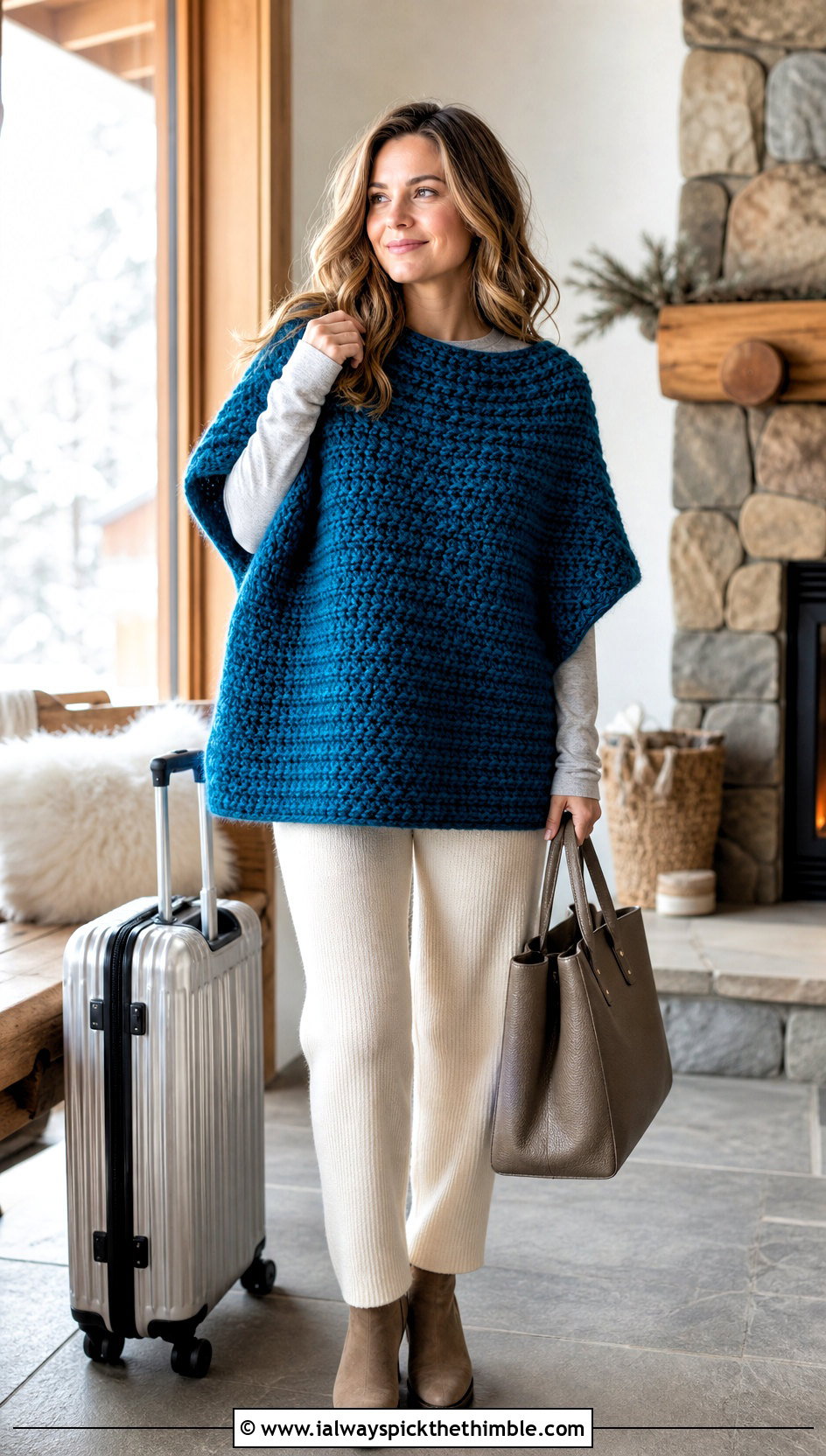 Chunky Rectangle Crochet Poncho Top With Knit Pants - 20 Crochet Poncho Top outfit ideas