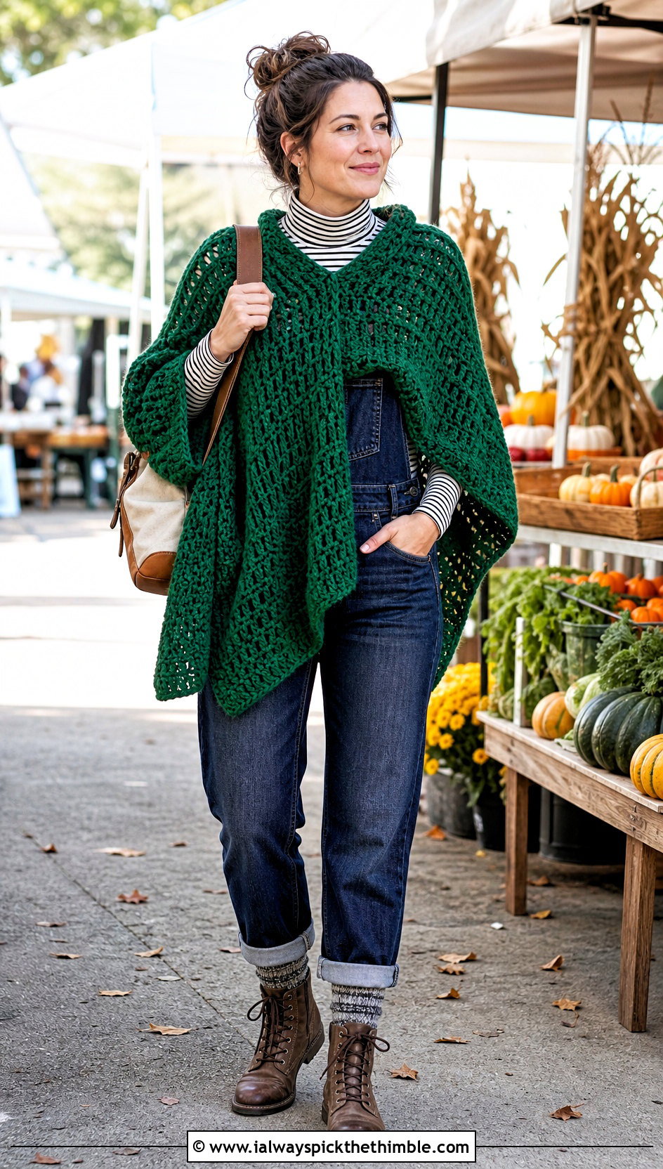 Chunky Rectangle Crochet Poncho With Denim Overalls - 20 Crochet Fall Poncho outfit ideas