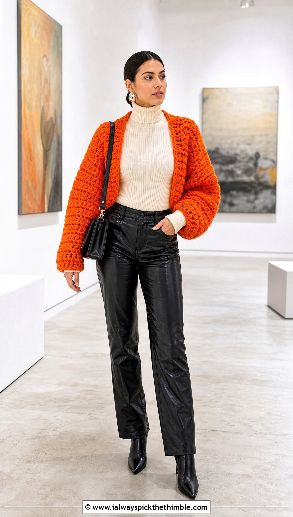 Chunky Rectangle Crochet Shrug With Leather Pants - 25 crochet shrugs outfit ideas