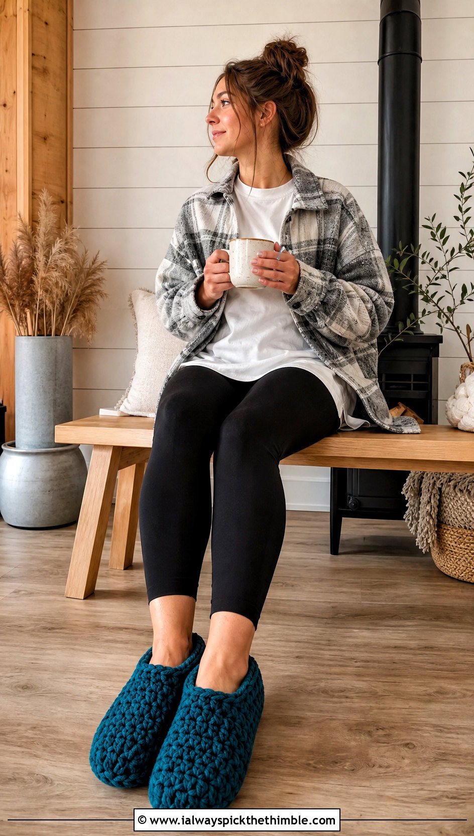 Chunky Rectangle Crochet Slippers With Leggings And Shacket - 15 rectangle crochet slipper outfit ideas