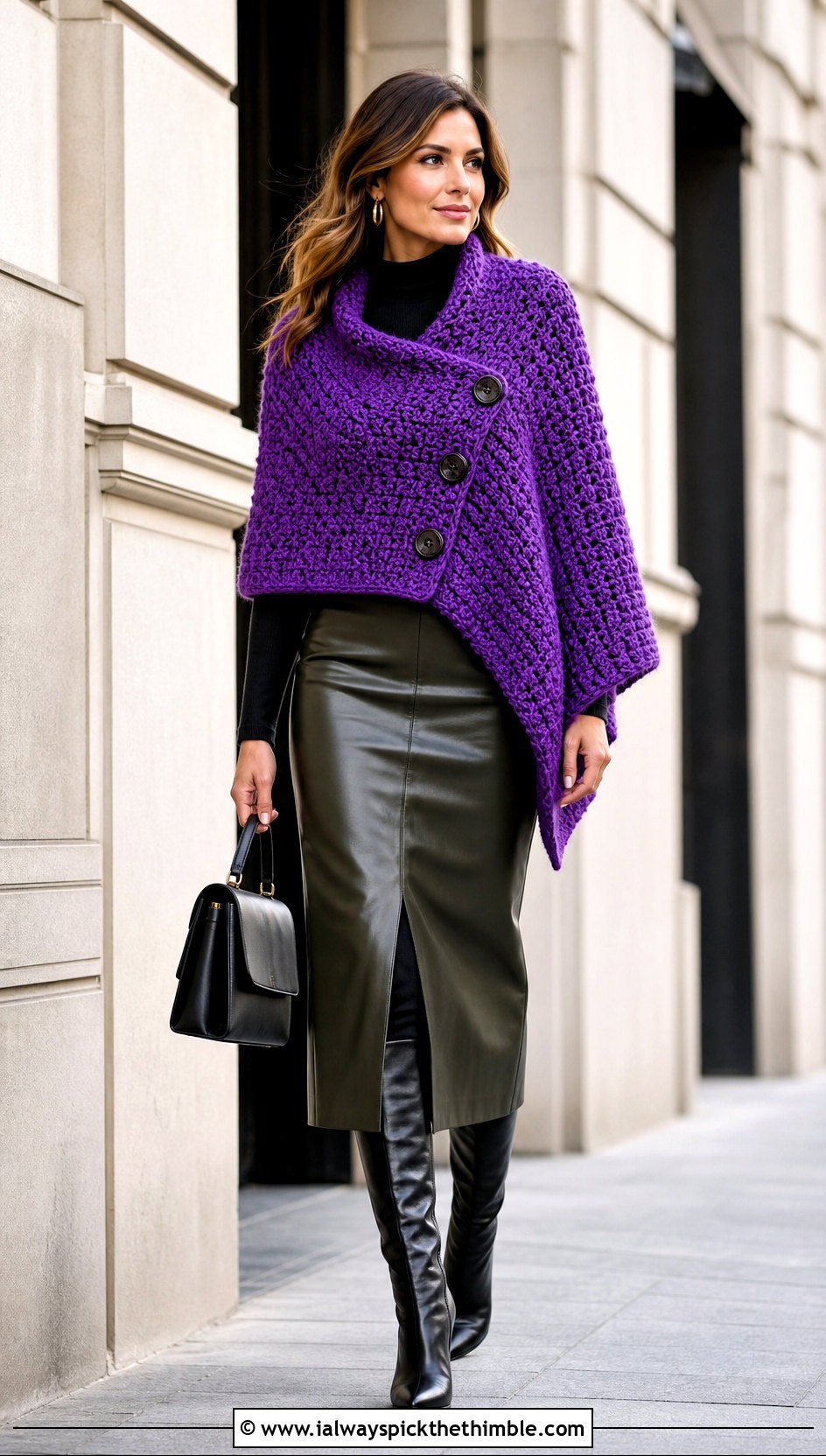 Chunky Rectangular Buttoned Wrap With Leather Midi Skirt - 15 Buttoned Crochet Wrap outfit ideas