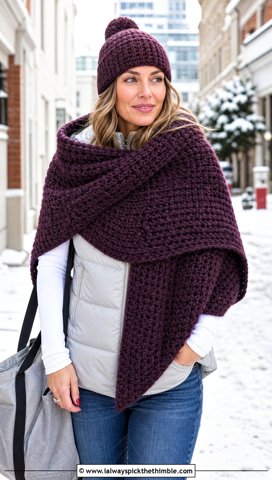 Chunky Rectangular Shawl With Puffer Vest - 20 crochet rectangular shawl outfit ideas