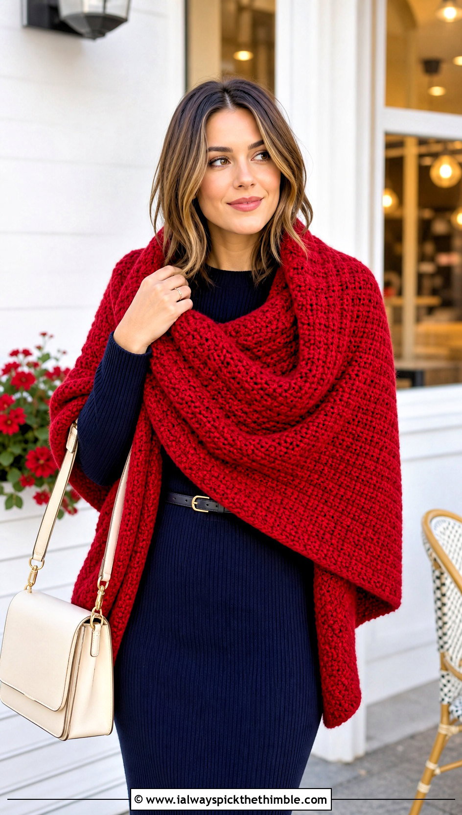 Chunky Rectangular Wingspan Shawl With Knit Dress - 15 Crochet Wingspan Shawl outfit ideas