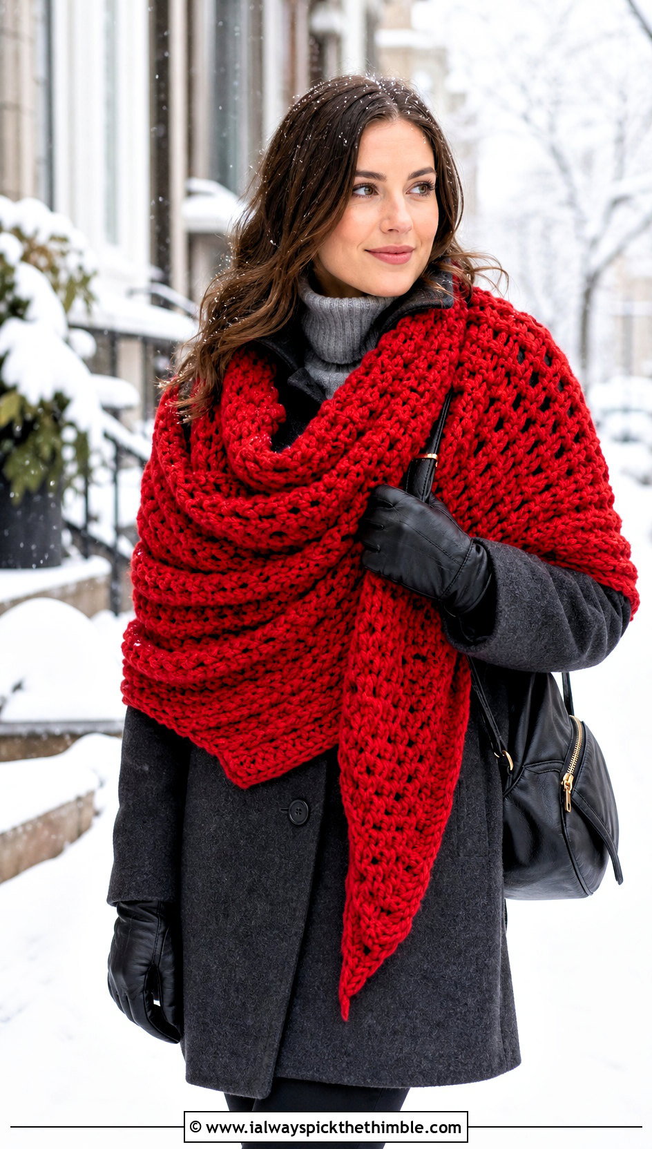 Chunky Red Crochet Shawl With Sweater And Leggings - 15 red crochet shawl outfit ideas