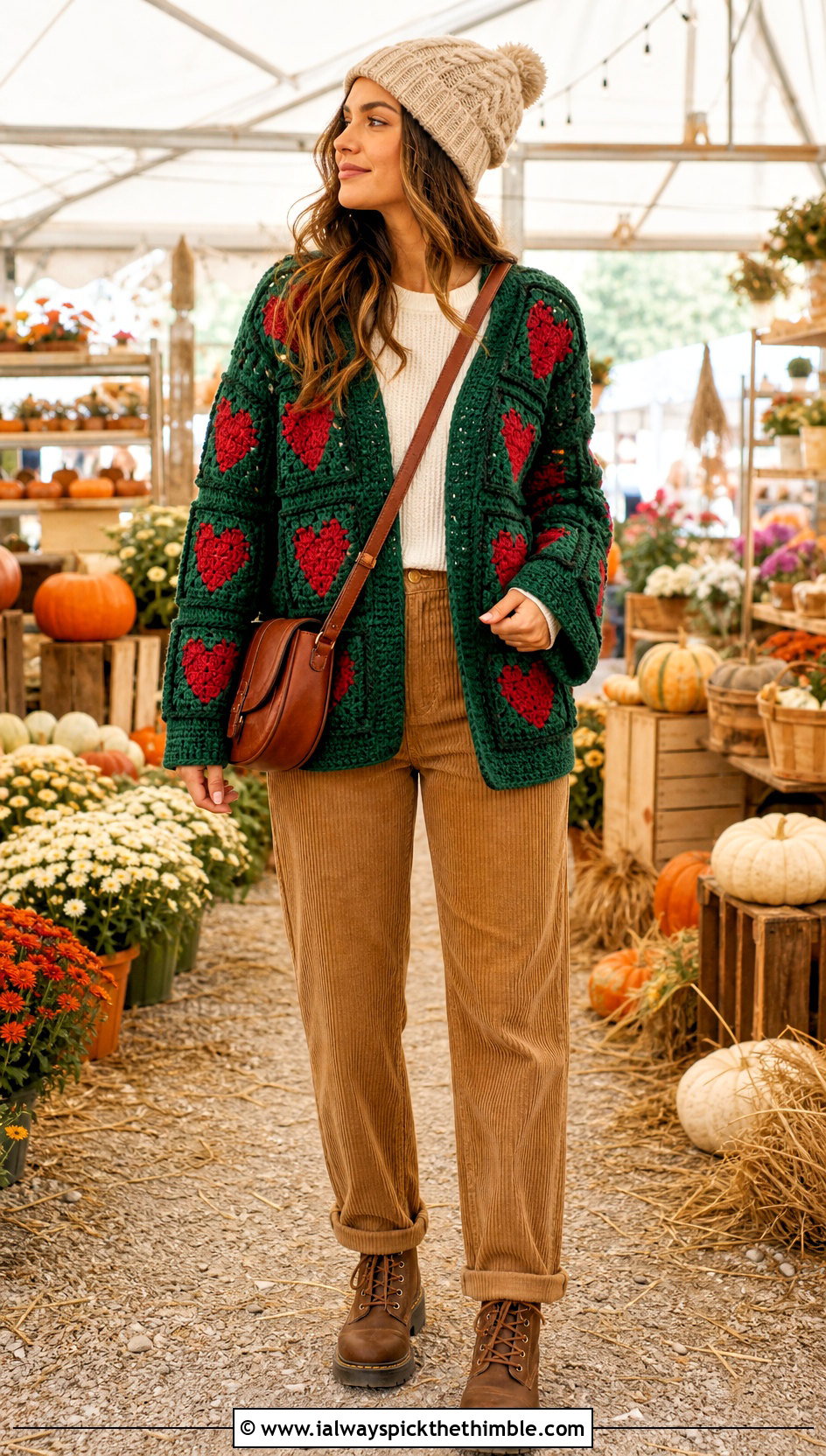 Chunky Red Heart Granny Square Cardigan With Corduroy Pants - 15 red heart granny square cardigan outfit ideas