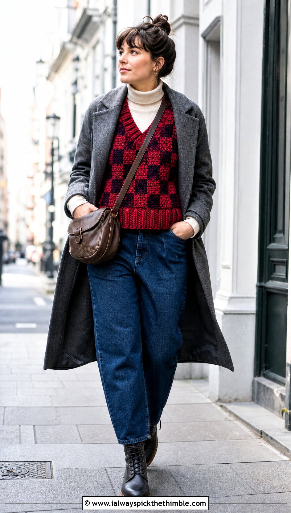Chunky Rib Trim Checkered Crochet Sweater Vest With Barrel Jeans - 15 Checkered Crochet Sweater Vest outfit ideas