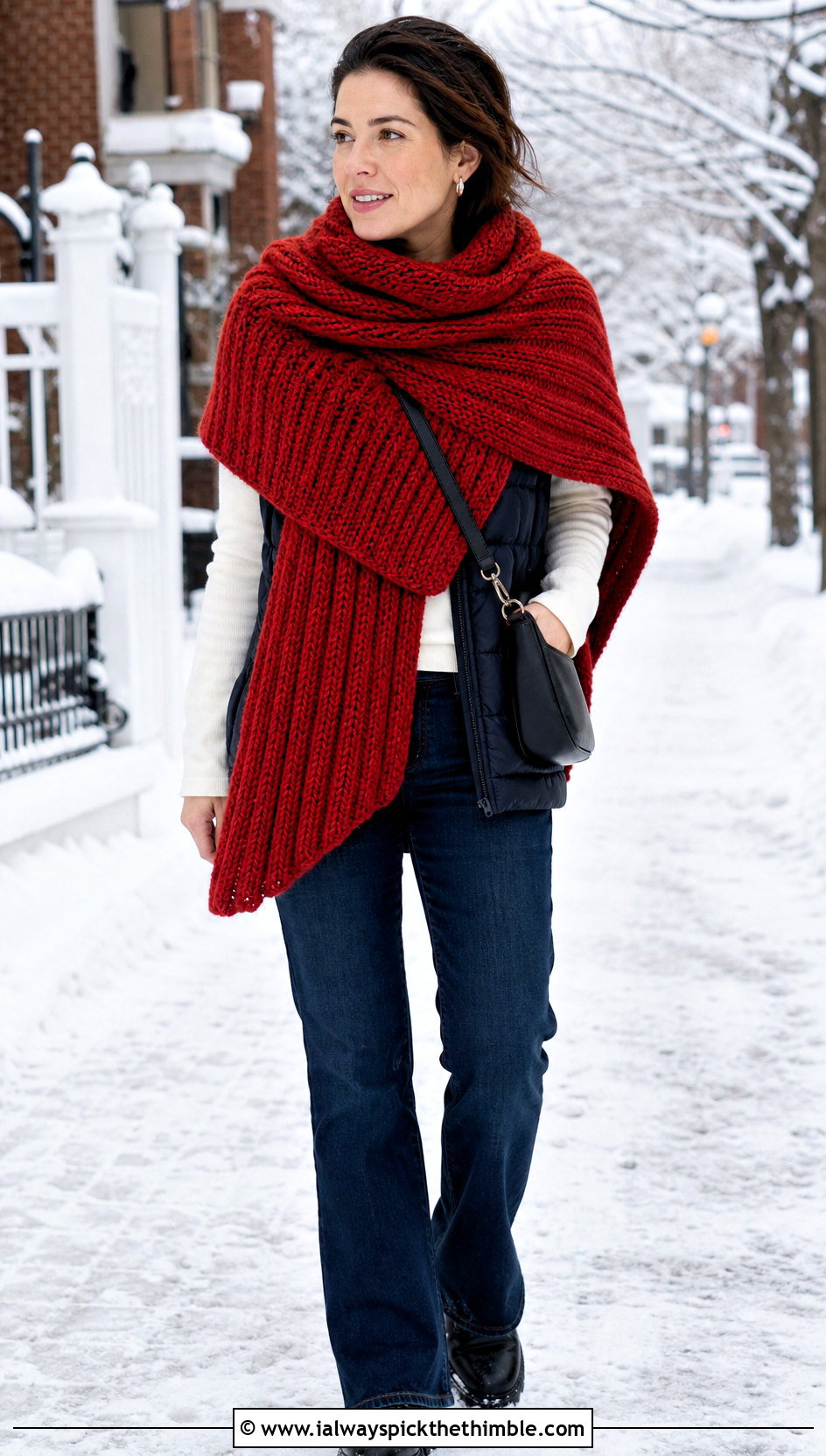 Chunky Ribbed Asymmetrical Crochet Shawl With Puffer Vest - 20 asymmetrical crochet shawl outfit ideas