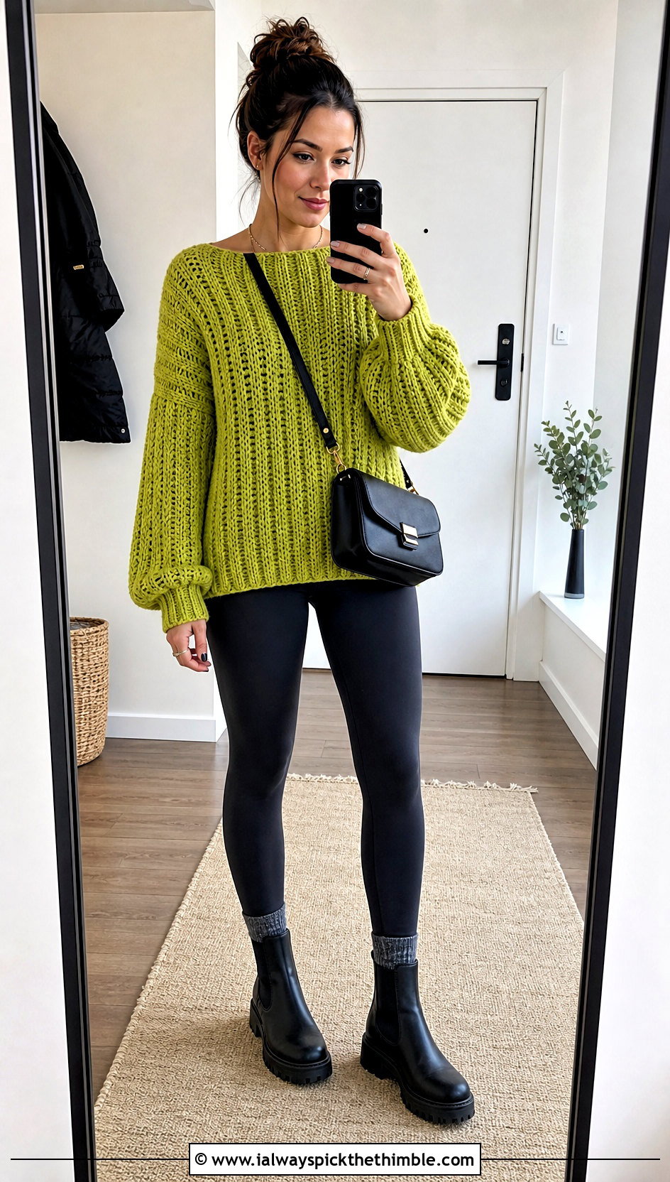 Chunky Ribbed Boat Neck Crochet Sweater With Leggings - 15 boat neck crochet sweater outfit ideas