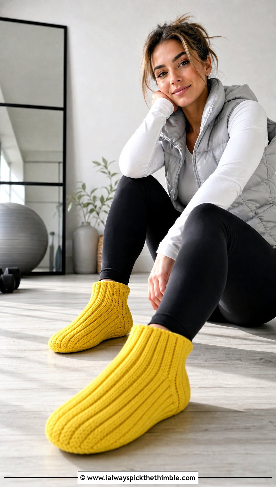 Chunky Ribbed Bootie Slippers With Leggings And Puffer Vest - 20 chunky crochet slippers outfit ideas