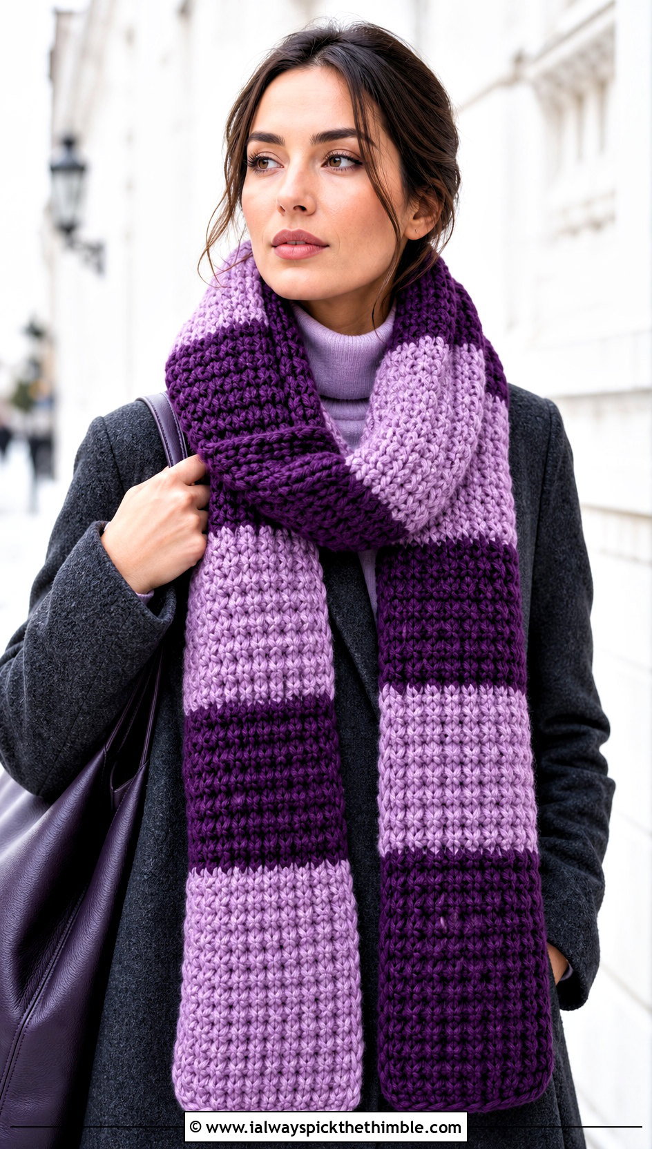 Chunky Ribbed Buffalo Plaid Crochet Scarf With Wool Coat - 15 buffalo plaid crochet scarf outfit ideas